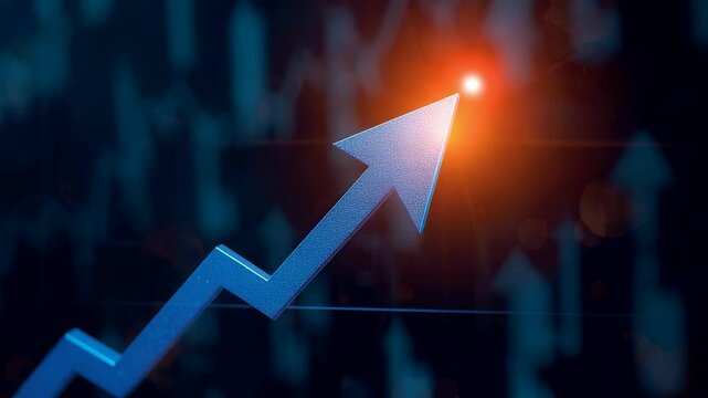 Glowing Blue Upward Arrow Breaking Through Rising Financial Chart in Dark Background