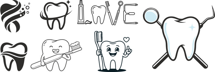 Set of teeth with different activities, vector illustration.