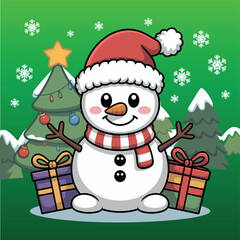Adorable Christmas Snowman Illustration with Presents and Holiday Tree on Green Winter Background
