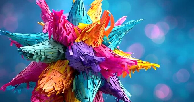 Colorful starshaped piata hanging, festive decoration for parties and celebrations 4k video
