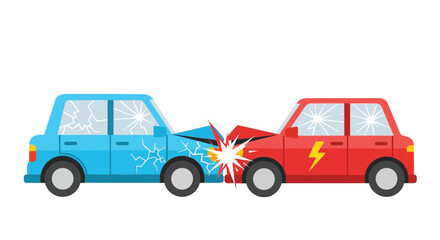 Cartoon illustration depicting a head on vehicle collision with damage and sparks