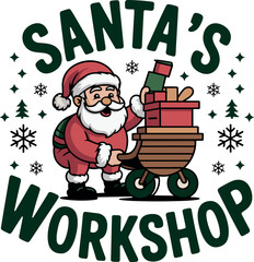 Cute Christmas Cartoon of Santa Pushing Gift Cart in a Festive &ldquo;Santa&rsquo;s Workshop&rdquo; Emblem Design