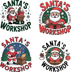 Vintage Cartoon Santa&rsquo;s Workshop Badge Illustration with Cute Santa, Gifts and Holiday Elements