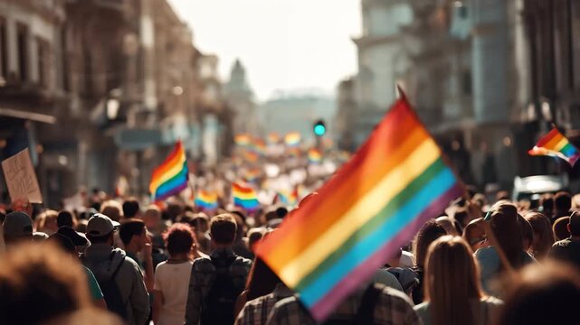 Lively celebration of gay pride fills the streets with colorful flags and joyful participants during a vibrant demonstration in the heart of the city