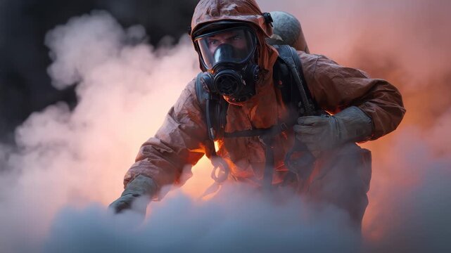 Firefighter bravely battling smoke and flames with determination and skill in a dramatic emergency situation during a dangerous blaze