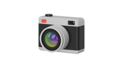 A modern, minimalist 3D rendered digital camera with a sleek black body, white lens, and a vibrant, reflective lens element. background removed