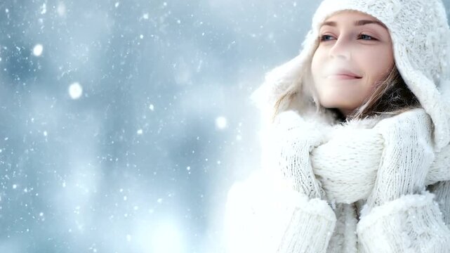 Young woman in warm white winter clothing, smiling outdoors in falling snow 4k video - Powered by Adobe