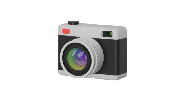 A modern, minimalist 3D rendered digital camera with a sleek black body, white lens, and a vibrant, reflective lens element. background removed