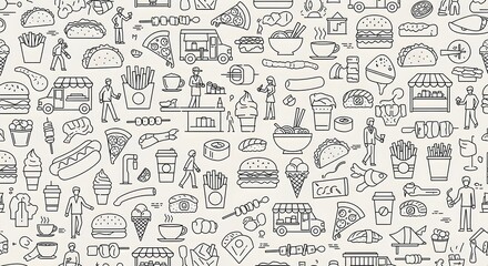 A seamless pattern featuring various food items and people in a line art style on a white background