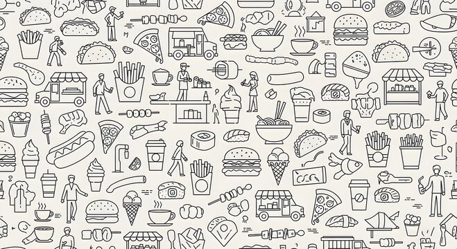 A seamless pattern featuring various food items and people in a line art style on a white background