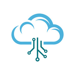 Blue cloud shape with teal circuit board lines and circles technology data