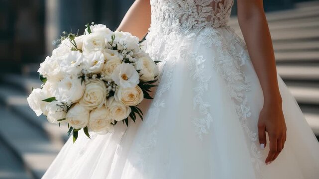 Bridal elegance captured with a beautiful bouquet of white roses at a serene outdoor venue