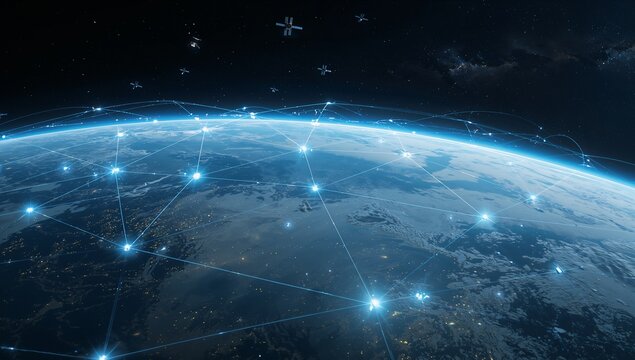 Stunning Earth view showcasing global network connections and satellite communication, symbolizing innovation, technology, and worldwide connectivity - Powered by Adobe