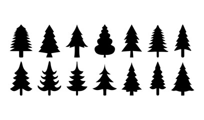Obraz premium various christmas tree silhouette. Pine Tree icon Set. Fifteen Black Conifer Shapes for Nature Icons, Outdoor Branding, and Seasonal Design