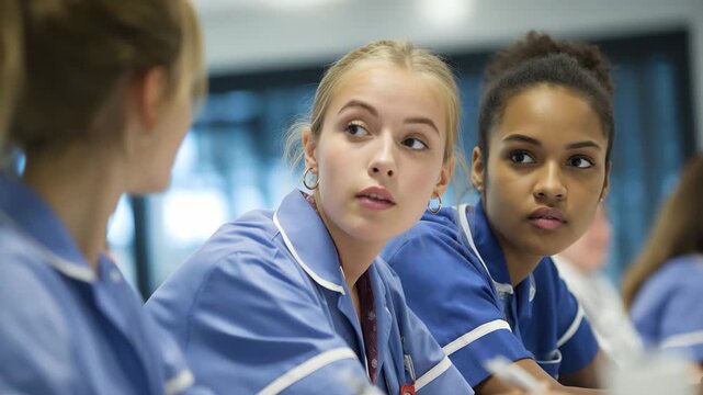 Student nurses focus on practical training during their college medical courses in a modern classroom setting