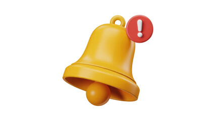 A vibrant 3D golden notification bell with a red circular alert icon and white exclamation mark, signifying an urgent message or warning. background removed