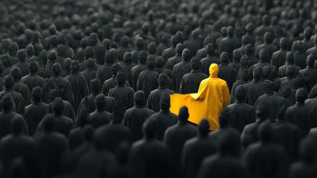 Unique yellow figure stands out among dark crowd in an urban setting, highlighting individuality in a sea of conformity