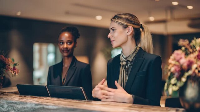 Receptionist assists guests at hotel front desk during busy daytime, providing warm welcome and efficient service in a modern and elegant environment