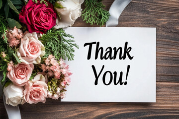 Thank you card surrounded by colorful flowers on a wooden background