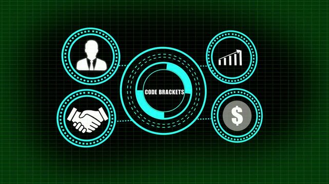 Code Brackets Business Infographic with Digital Icons and Circuit Board Design programming software
