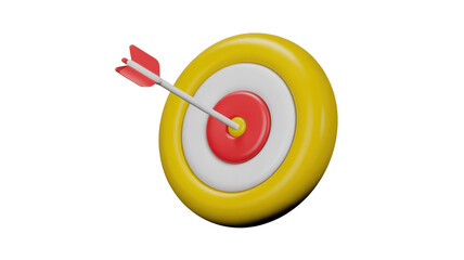 A 3D rendered, glossy target with an arrow perfectly hitting the yellow bullseye, symbolizing success, accuracy, and achievement. background removed