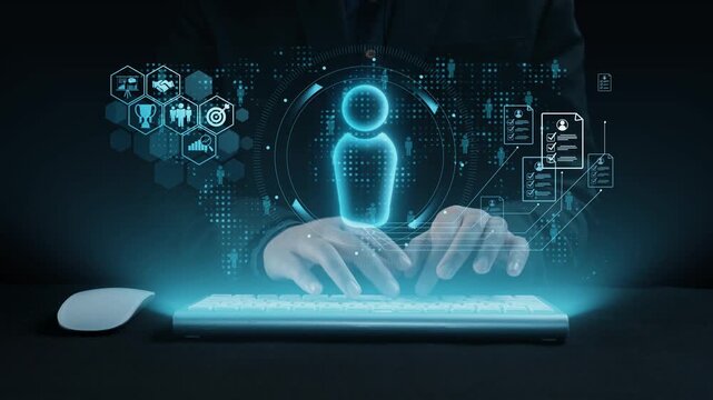 An engaging visual of hands typing on a sleek keyboard, with floating icons and a digital user interface, showcasing the integration of technology and innovation in modern computing. Qubit