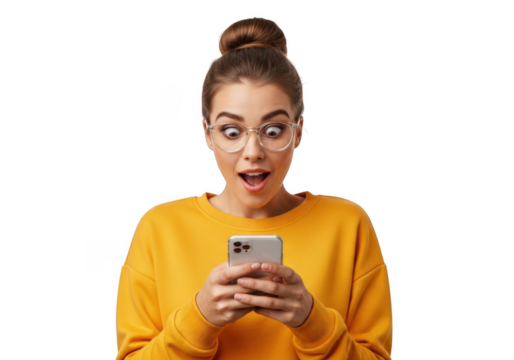 Young woman with surprised expression holding a mobile phone in her hands looking at the screen isolated on transparent background