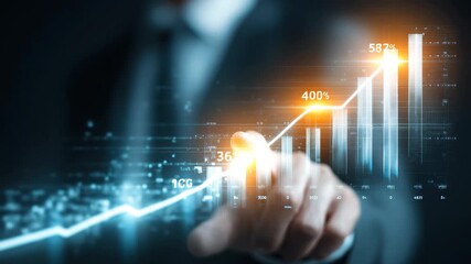 Business professional engages with cutting-edge digital screen to analyze performance data in a modern office setting during working hours - Powered by Adobe