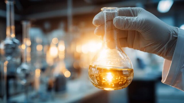 Scientist conducts experiments in a chemical laboratory while holding a flask with a yellow liquid, surrounded by various glassware and equipment