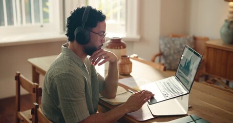 Businessman, reading and laptop with headphones at house for data analysis, finance report or audio. Person, remote work and notes with graphs on pc, financial podcast and stats for profit increase - Powered by Adobe