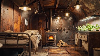 Interior scene with bed fireplace and industrial equipment