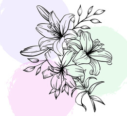 Elegant lily bouquet illustration for design projects with pastel circle background creating artistic and decorative touch suitable for print or digital medium as card or invitation