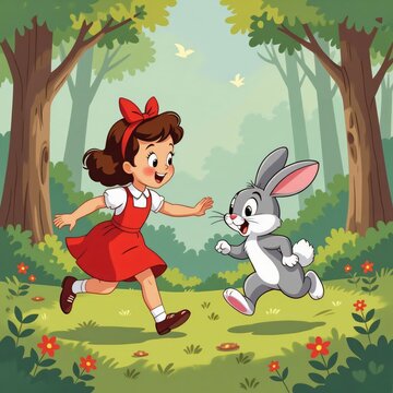 Esta imagem mostra uma ilustra&ccedil;&atilde;o vintage de desenho animado de uma menina surpresa perseguindo um Coelho Branco 
