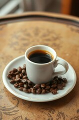 Fototapeta premium Espresso Coffee Cup With Beans On Vintage Table