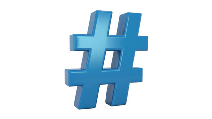 Fototapeta premium A vibrant blue, shiny 3D hashtag symbol prominently displayed. Ideal for social media, digital communication, or branding purposes. background removed