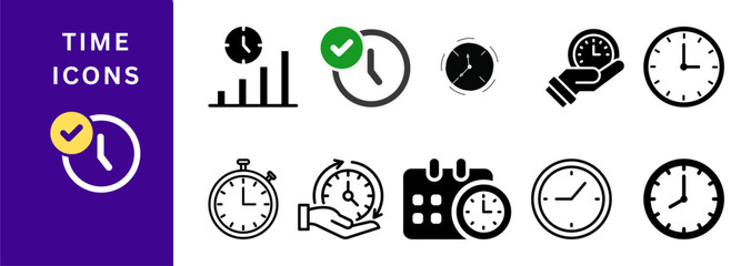 Time Management: Checklist Clock, Running Clock, Pie Time, Moon Cycle, Sunrise, Planner, Task Timer, World Clock, Alert, Efficiency, Progress, Meeting, Workflow, Routine, Sync