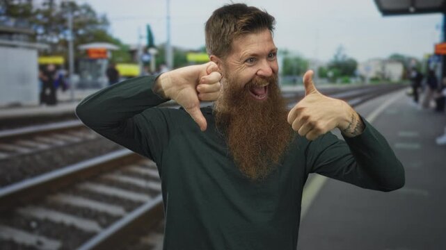 Bearded man squints eyes while showing thumbs up and thumbs down gesture on railway station platform while waiting for train; indecision ambivalence conflict uncertainty.