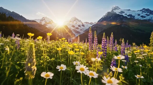 Alpine Meadow Sunrise: Blooming Flowers with Snow-Capped Mountain Peaks