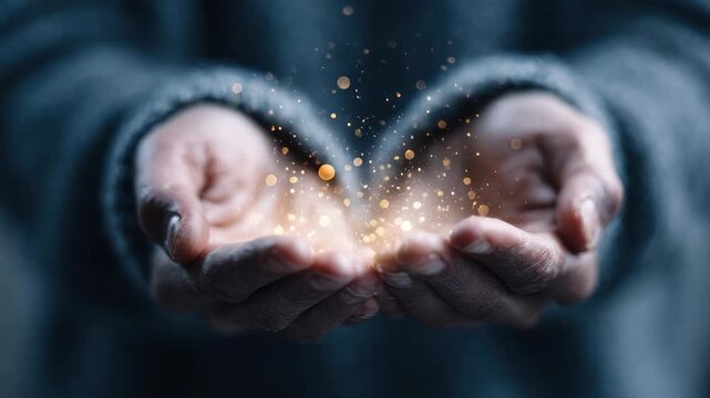 Person with open hands holds spiritual light and sparkles, symbolizing connection and energy in a serene setting