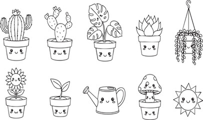 Cute gardening elements collection featuring potted plants succulents cacti watering can and sun doodles © JAWAD