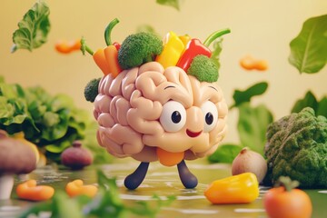 Playful cartoon brain character with colorful vegetables, including broccoli and peppers, surrounded by fresh greens, promoting healthy eating and nutrition awareness in a vibrant setting