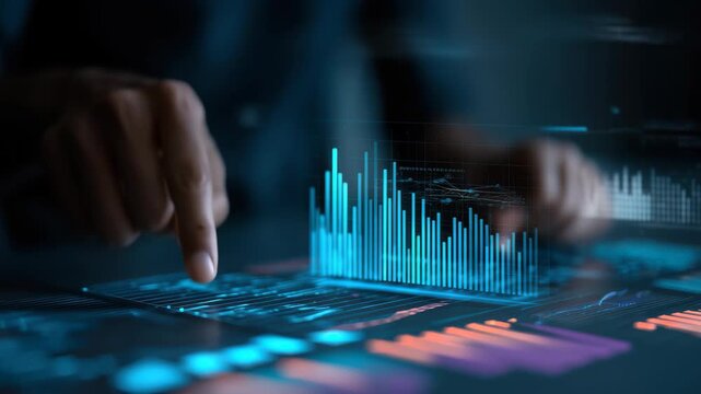 Business data analyst analyzes graphs and KPIs to enhance strategies during a modern work session, utilizing digital tools for decision making