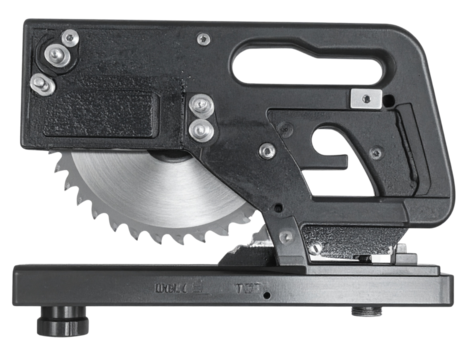 Close-Up of Cast Iron Base and Blade Assembly on Benchtop Scroll Saw, Isolated