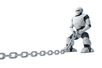 Futuristic robot struggling to pull a heavy metal chain, symbolizing power, determination, and overcoming obstacles in technology