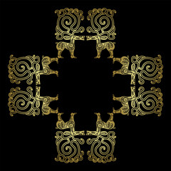 Square cross shape decorative frame with stylized elks or deer. Ethnic ancient Sarmatian animal design. Golden silhouette on black background.