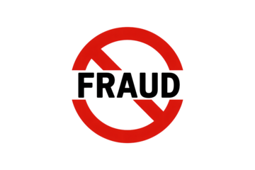 Bold red circle with diagonal line across the word FRAUD, signifying prohibition and warning against deception and deceitful practices.