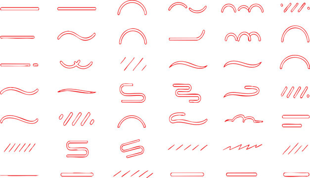 Red line underline elements set curved decorative separator shapes isolated graphic design