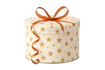 Round gift box decorated with gold stars and orange ribbon, offering a present for celebration, isolated on transparent background