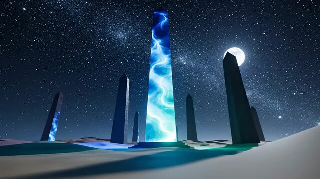 Mysterious Alien Monoliths Emerge from Desert Under Starry Night Sky.
