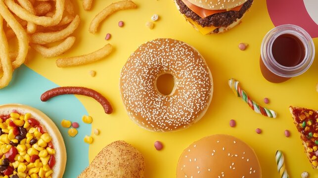 Colorful assortment of fast food items including burgers, fries, donuts, and candy on a vibrant background, showcasing a playful and indulgent culinary experience